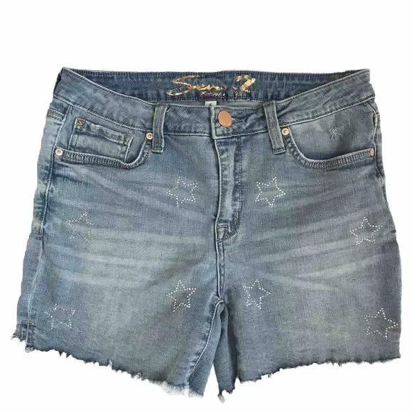 Seven7 Seven Denim Weekend Shorts Women 6 Blue Stretch Bling Stars Patriotic USA - Picture 1 of 12